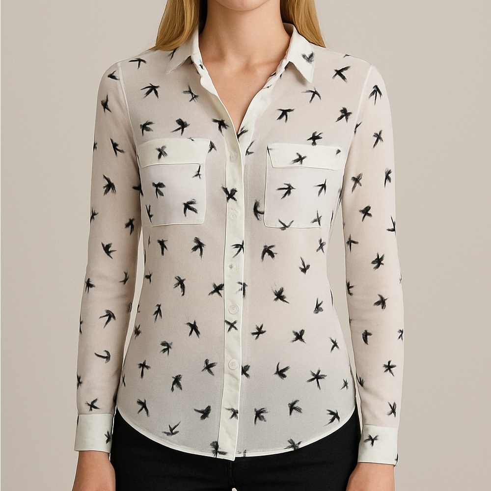 Express Sheer White Portofino Blouse with Black Bird Pattern - Picture 1 of 3
